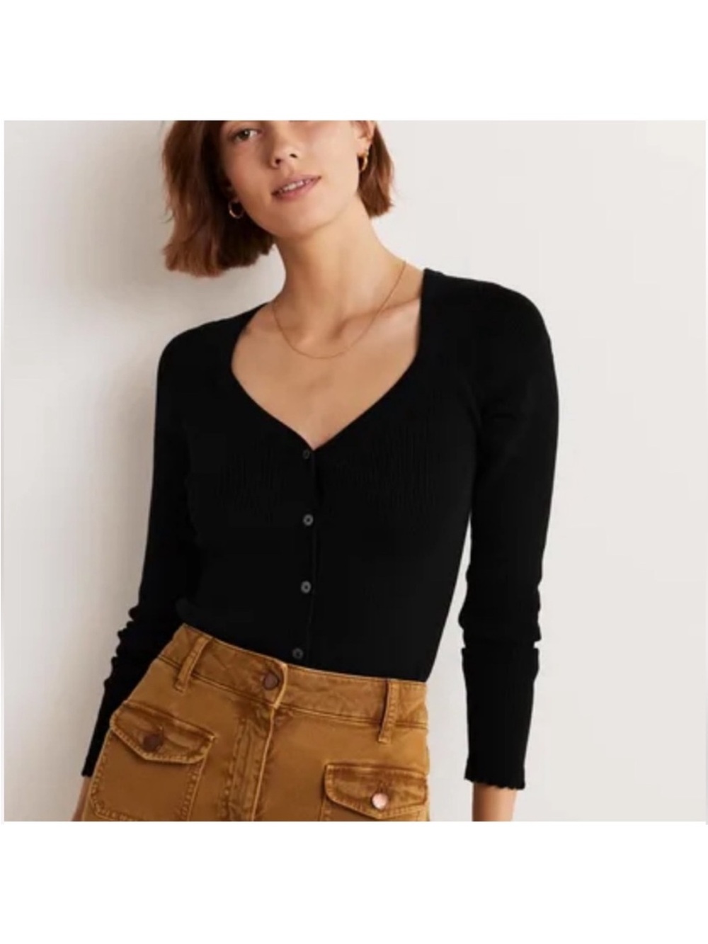Boden Black Ribbed V-Neck Button-Front Sweater